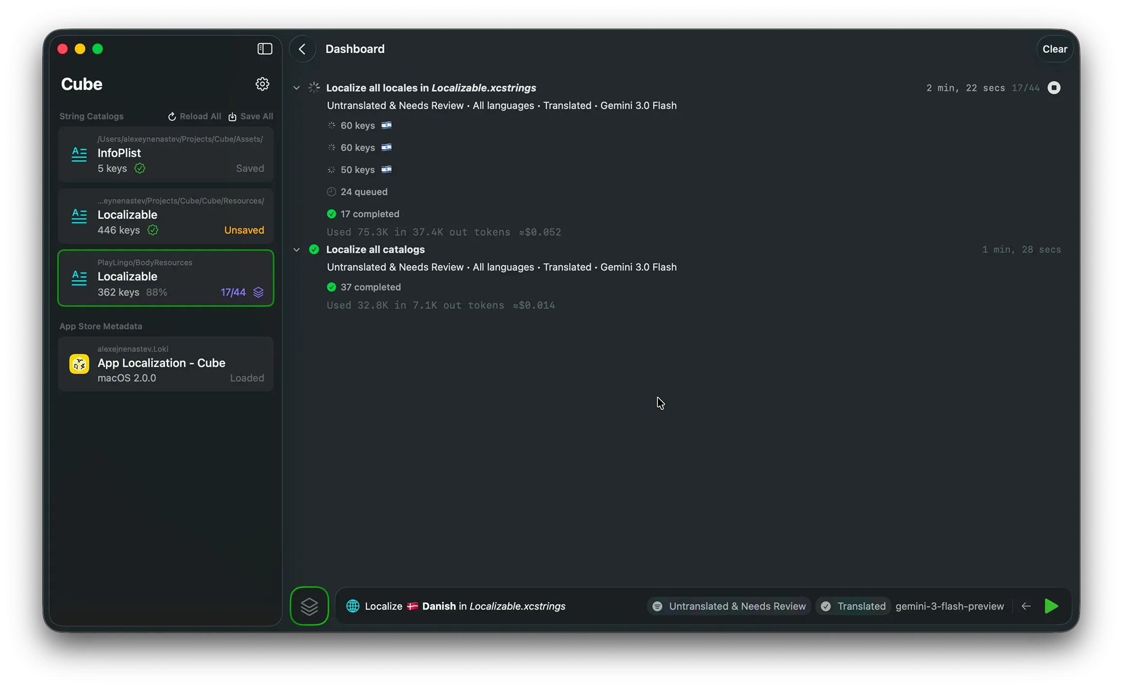 Cube localization dashboard with translation progress
